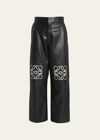 Shop Loewe Leather Anagram Knee Trousers In Black