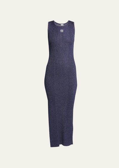Shop Loewe Lurex Knit Midi Dress With Anagram Detail In Dark Blue