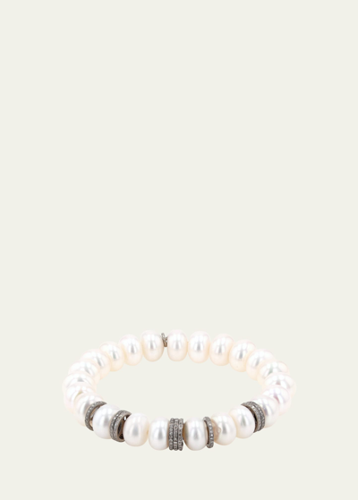 Shop Sheryl Lowe White Pearl And Pave Diamond Rondelle Bracelet In Silver