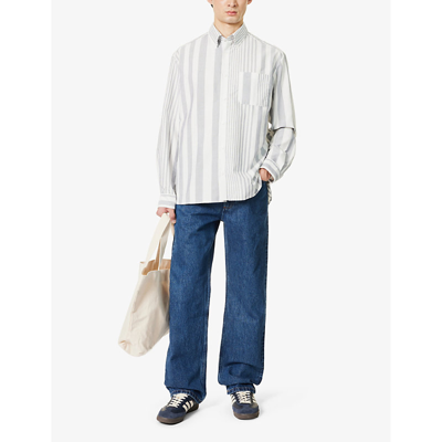 Shop Apc Men's Grey White Striped Relaxed-fit Cotton Shirt