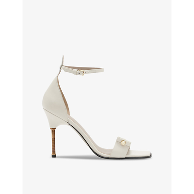 Shop Allsaints Betty Metal-hardware Heeled Leather Sandals In Parchment Whit