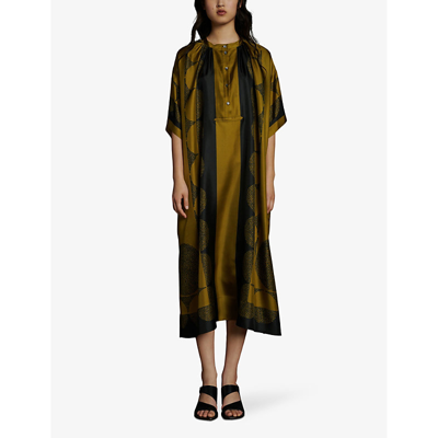 Shop Soeur Women's Kaki/noir Athena Graphic-print Silk Midi Dress