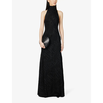 Shop Alaïa Alaia Women's Noir Alaia Abstract-pattern High-neck Woven-blend Maxi Dress