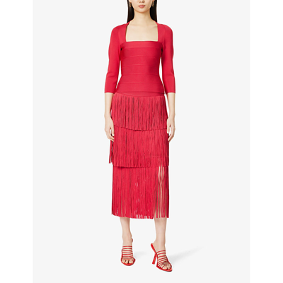 Shop Herve Leger Womens Rio Red Fringed Mid-rise Recycled Rayon-blend Knitted Midi Skirt