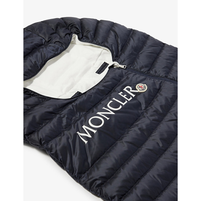 Shop Moncler Logo Text-print Shell-down Baby Bag In Navy