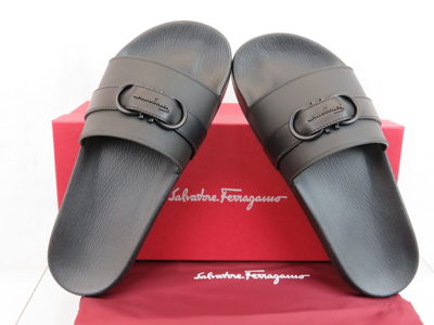 Pre-owned Ferragamo Groove 10 Black Leather Strap Gancini Rubber Logo Sandals Slides 13 M