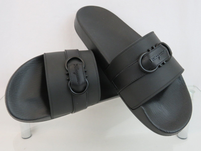 Pre-owned Ferragamo Groove 10 Black Leather Strap Gancini Rubber Logo Sandals Slides 13 M