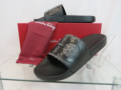 Pre-owned Ferragamo Salvatore  Groove 6 Black Rubber Gancini Logo Sandals Slides 9 M