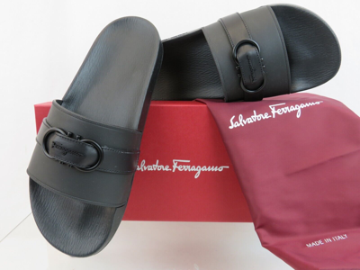 Pre-owned Ferragamo Groove 10 Black Leather Strap Gancini Rubber Logo Sandals Slides 13 M