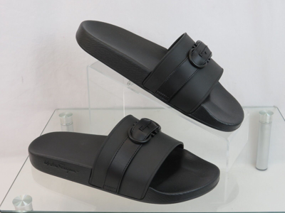 Pre-owned Ferragamo Groove 10 Black Leather Strap Gancini Rubber Logo Sandals Slides 13 M