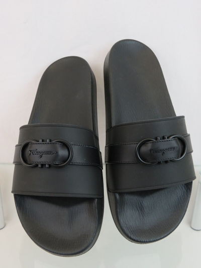 Pre-owned Ferragamo Groove 10 Black Leather Strap Gancini Rubber Logo Sandals Slides 13 M