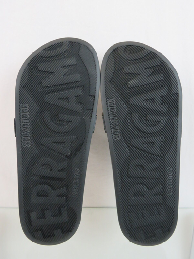 Pre-owned Ferragamo Groove 10 Black Leather Strap Gancini Rubber Logo Sandals Slides 13 M