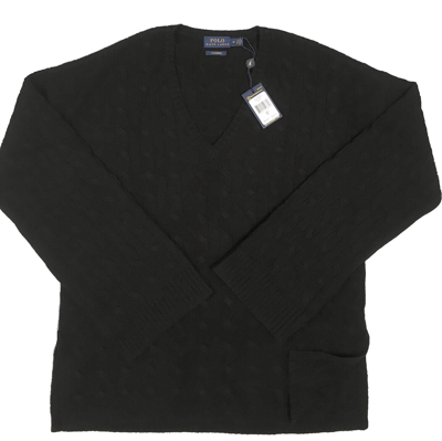 Pre-owned Ralph Lauren $498 Polo  Womens Cashmere Cable Sweater 3/4 Sleeve Side Slits In Black