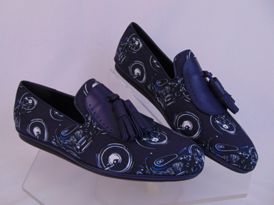 Pre-owned Ferragamo Salvatore  Finnegan Blue Motorcycle Print Fabric Tassel Loafers 9.5 In Deep Blue/ Blue Ink