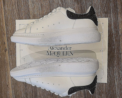 Pre-owned Alexander Mcqueen Men's Crystal Embellished White/jet Black Leather Sneaker. In White/black
