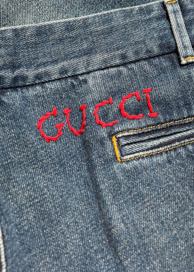 Pre-owned Gucci Men's Dark Blue Denim Chino Pants With Red Logo Embroidery 30 515969 4469