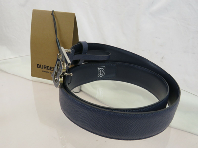 Pre-owned Burberry Tb 35 Grain Navy Blue Leather Enamel Buckle Logo Belt 95 /38 Italy