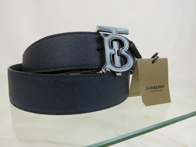 Pre-owned Burberry Tb 35 Grain Navy Blue Leather Enamel Buckle Logo Belt 95 /38 Italy