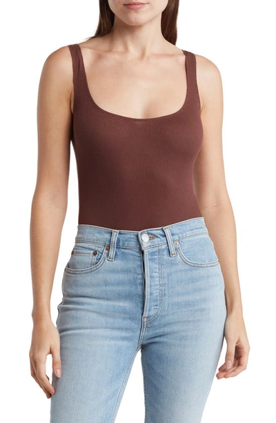 Shop N By Naked Wardrobe Scooped Up Square Neck Rib Bodysuit In Chocolate