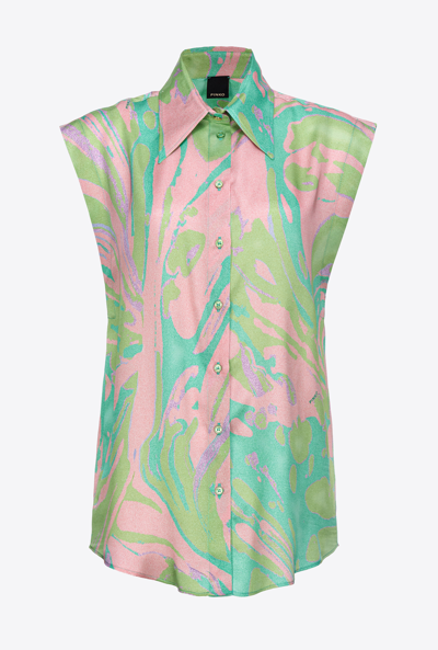 Shop Pinko Splash-print Satin Shirt With Cap Sleeves In Mult. Vert/rose