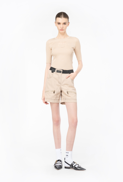 Shop Pinko Cotton And Leather Shorts In Beige/noir
