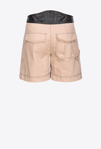 Shop Pinko Cotton And Leather Shorts In Beige/noir