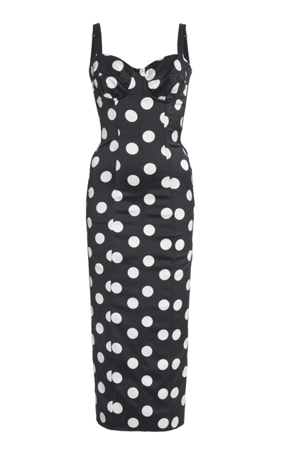 Shop Dolce & Gabbana Corseted Polka-dot Satin Midi Dress In Black,white