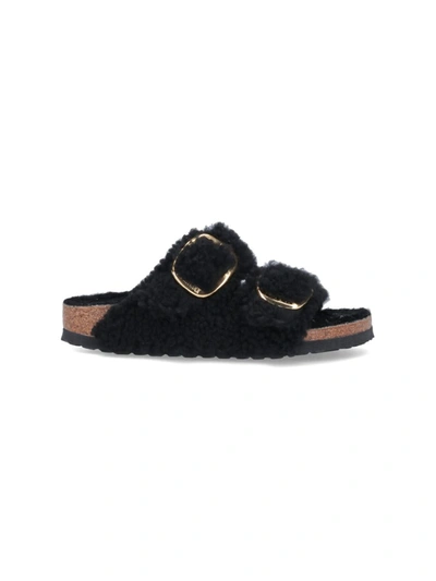 Birkenstock Arizona Shearling Slides With Large Buckle In Black
