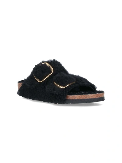 Birkenstock Arizona Shearling Slides With Large Buckle In Black