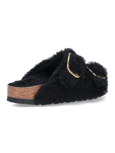 Birkenstock Arizona Shearling Slides With Large Buckle In Black