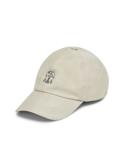 Shop Brunello Cucinelli Men's Lightweight Suede Baseball Cap With Embroidered Logo In Off White