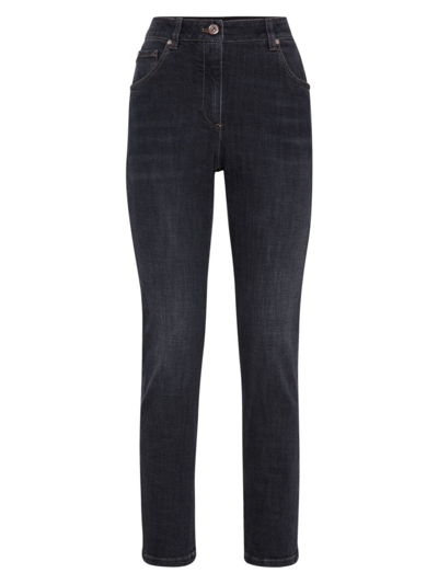 Shop Brunello Cucinelli Women's Stretch Denim Slim Jeans With Shiny Leather Tab In Grey Denim