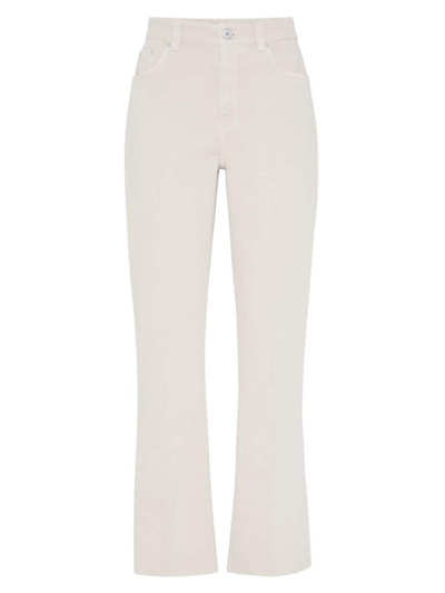 Shop Brunello Cucinelli Women's Garment Dyed Kick Flare Trousers In Comfort Soft Denim With Shiny Tab In Ivory