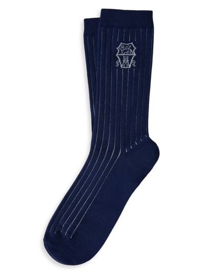 Shop Brunello Cucinelli Men's Cotton Chalk Stripe Effect Socks With Logo In Blue