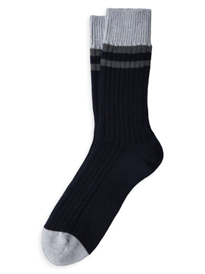 Shop Brunello Cucinelli Men's Cotton Socks With Stripes In Navy Blue