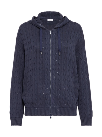 Shop Brunello Cucinelli Women's Cotton Dazzling Cables Hooded Cardigan In Blue