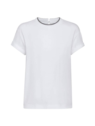 Shop Brunello Cucinelli Women's Stretch Cotton Jersey T-shirt With Precious Faux Layering In White