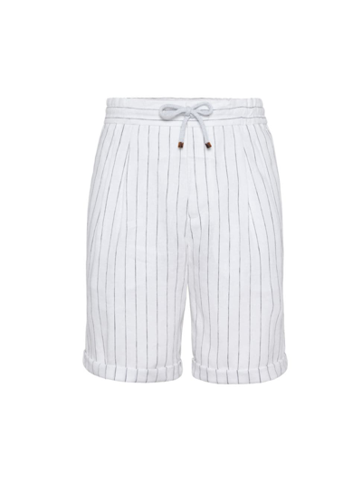 Shop Brunello Cucinelli Men's Linen Chalk Stripe Bermuda Shorts In White