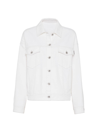 Shop Brunello Cucinelli Women's Garment Dyed Comfort Denim Four Pocket Jacket With Shiny Tab In White