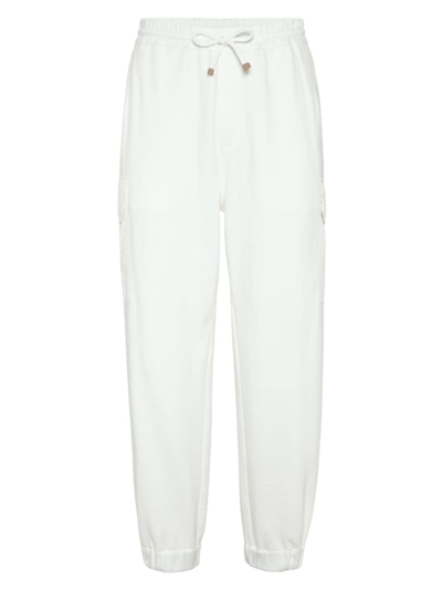 Shop Brunello Cucinelli Men's Techno Cotton French Terry Joggers With Nylon Cargo Pockets In Off White