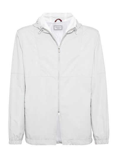 Shop Brunello Cucinelli Men's Water Resistant Nylon Parka With Zipper And Print In Pearl Grey