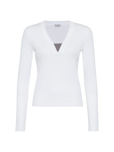 Shop Brunello Cucinelli Women's Stretch Cotton Ribbed Jersey T-shirt With Precious Insert In White