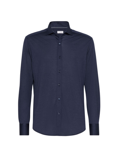 Shop Brunello Cucinelli Men's Silk And Cotton Jersey Shirt With Spread Collar In Cobalt