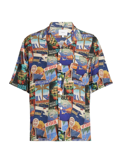 Shop Rhude Men's Postcard Silk Shirt In Blue Multi
