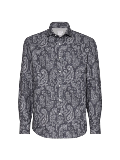 Shop Brunello Cucinelli Men's Paisley Cotton Slim Fit Shirt With Spread Collar In Anthracite