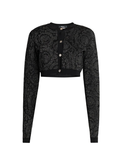Shop Versace Women's Barocco Textured Knit Crop Cardigan In Black