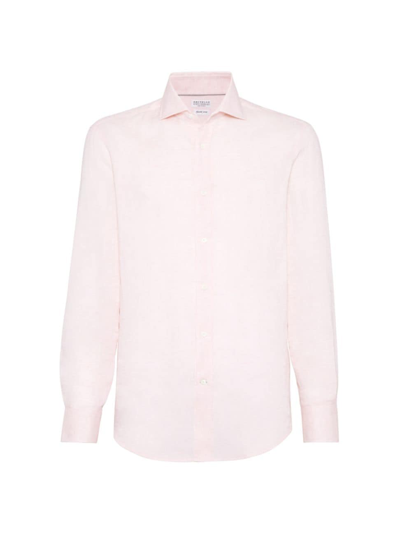 Shop Brunello Cucinelli Men's Linen Easy Fit Shirt With Spread Collar In Pink