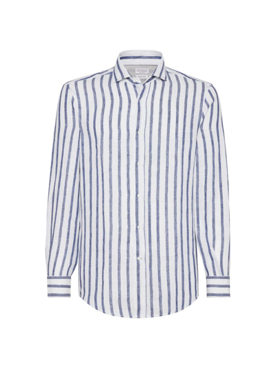 Shop Brunello Cucinelli Men's Striped Linen Easy Fit Shirt With Spread Collar In Blue