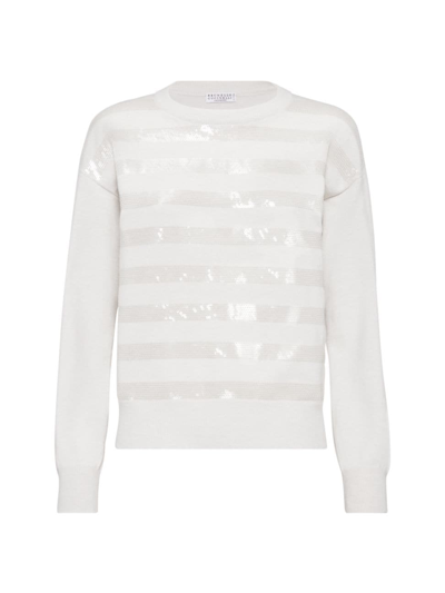 Shop Brunello Cucinelli Women's Cashmere Sweater With Dazzling Stripe Embroidery In Ivory
