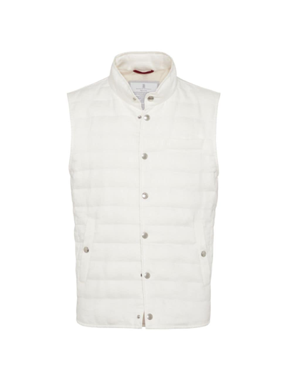 Shop Brunello Cucinelli Men's Denim Effect Linen Lightweight Down Vest In Off White